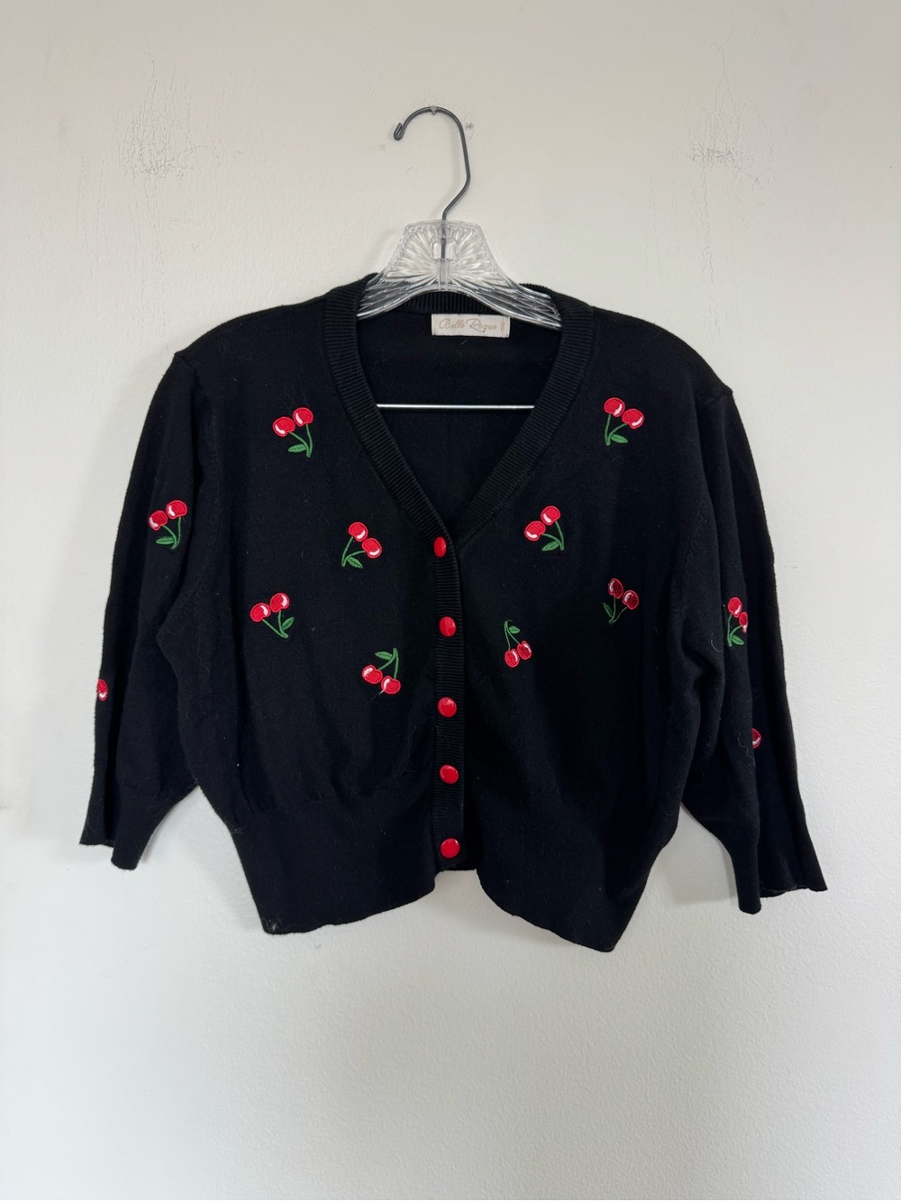 Belle Rogue Cherry Embroidered Cropped Cardigan Black Red XS